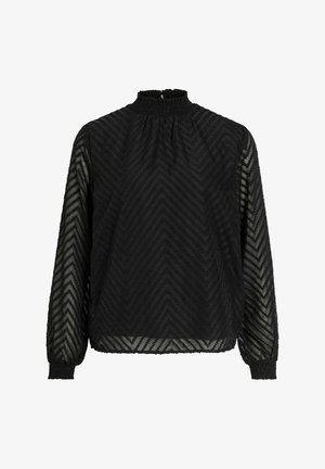 Sort langærmet bluse med høj hals, der har et tekstureret zigzag mønster. Elastiske manchetter og en nøglehulslukning på ryggen.