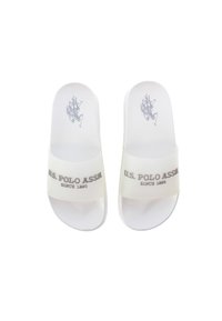 White slide sandals with a smooth texture, featuring a transparent strap with gray "U.S. POLO ASSN." branding. Flat sole design.