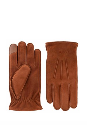 Paire de gants en suède marron avec poignet élastique et patch compatible écran tactile sur l'index gauche.