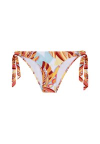 Bikini donji dio za plivanje s više boja, koji sadrži crvene, narančaste i plave naglaske. Veže se sa strane i ima obloženu unutrašnjost za udobnost.