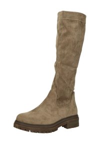 Kniehoge laarzen van zacht taupe suede met een platte zool en een gestructureerde bovenkant. Heeft een glad ontwerp en stevige stiksels langs de naden.