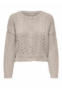 Hellgraue Strickjacke mit kurzem Schnitt, versehen mit einem Zopfmuster an Ärmeln und Vorderseite sowie fünf runden Knöpfen.