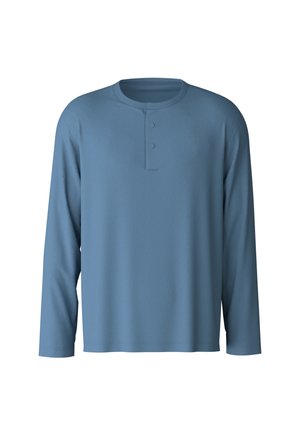 Maglietta a maniche lunghe henley blu, realizzata in tessuto morbido. Presenta un collo rotondo, una pattina con tre bottoni e una vestibilità comoda.