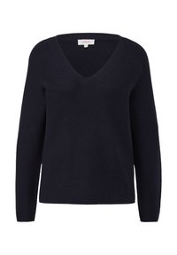 Mörk marinblå stickad tröja med V-ringning och långa ärmar, med ribbad textur och avslappnad passform. Märkesetikett synlig vid nacken.