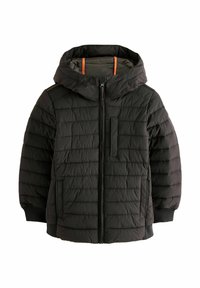 Giacca nera imbottita con cappuccio, motivo a rombi texturizzati, zip frontale, tasche laterali e dettagli arancioni all'interno.
