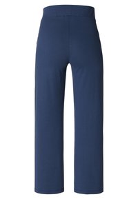 Granatowe spodnie proste z wysokim stanem, pokazane z tyłu na białym tle.