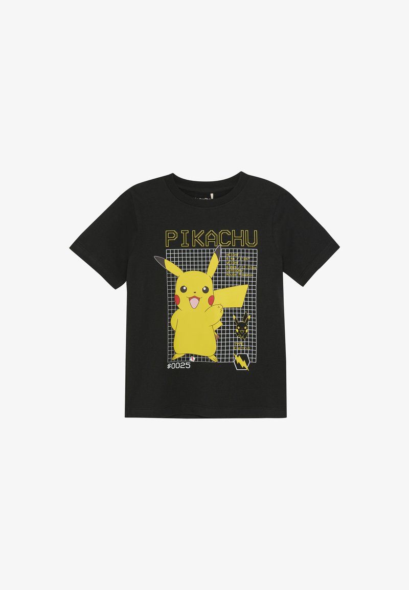 Czarny bawełniany t-shirt z żółtym nadrukiem Pikachu, tle w wzór siatki oraz tekstem "#0025" w pogrubionej żółtej czcionce.