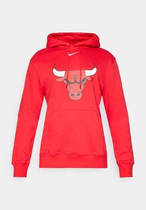 Sweat à capuche rouge en mélange de coton, avec une poche kangourou à l'avant, un cordon de serrage réglable et un grand graphique de taureau noir et blanc sur la poitrine.