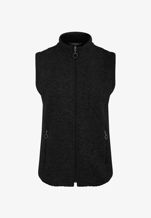Schwarze ärmellose Weste mit hohem Kragen, strukturiertem Stoff, durchgehendem Reißverschluss und zwei seitlichen Reißverschlusstaschen.