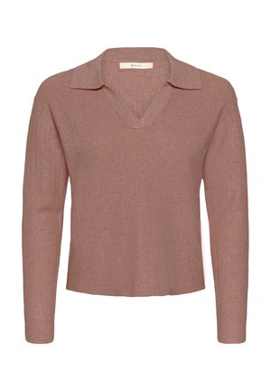 Pikad varrukad, V-kaelusega kootud pullover pehmest soonikmaterjalist; roosa värv, lamedate krae ja volüümse lõikega, keskmise pikkusega disain.