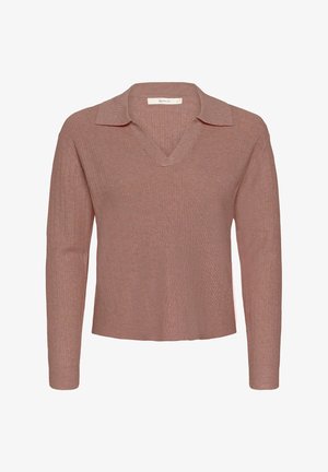 Pull à manches longues et col en V en tissu doux et côtelé ; couleur rose avec un col plat et une coupe décontractée, présentant un design mi-long.