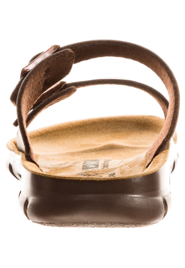 Brown leather sandal with textured footbed. Features a contoured sole and a back strap for support. Smooth finish with a floral accent.