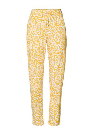 Gelbe Hose mit einem weißen abstrakten Muster, verfügt über einen Kordelzugbund und schmal zulaufende Beine. Hergestellt aus einem leichten Stoff.