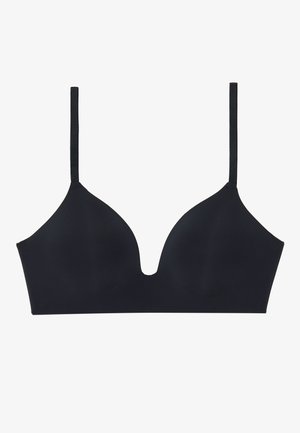 Black bra with seamless cups, plunging neckline, and adjustable straps. Made from smooth, stretchy fabric for comfort and fit.