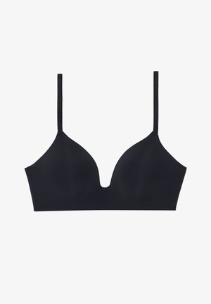 Black bra with seamless cups, plunging neckline, and adjustable straps. Made from smooth, stretchy fabric for comfort and fit.