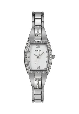 Srebrny zegarek ze stali nierdzewnej z prostokątną tarczą, kwarcowym mechanizmem, białą cyferblatem, kryształowymi akcentami oraz bransoletą z linków z błyszczącymi ogniwami.