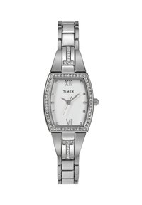 Silberne Edelstahl-Uhr mit rechteckigem Ziffernblatt, Quarzwerk, weißem Zifferblatt, kristallenen Akzenten und einem Gliederarmband mit glänzenden Gliedern.