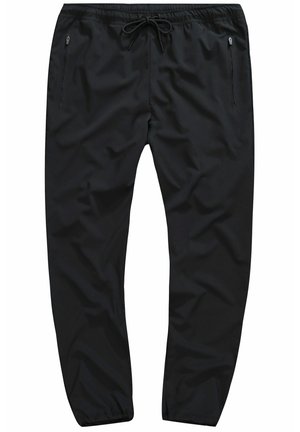 Schwarze Sporthose mit glatter Textur, elastischem Bund, Kordelzugverschluss und seitlichen Reißverschlusstaschen. Schmal zulaufendes Bein-Design.