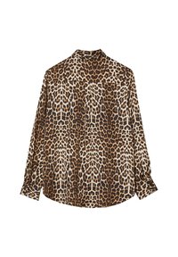 Camicia a maniche lunghe con motivo maculato in marrone e nero, visibile dal retro su uno sfondo bianco.
