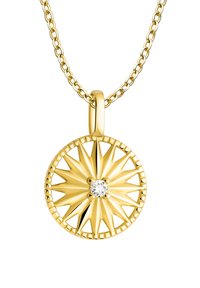 Gul vedhængs halskæde med et solstråledesign, med en central klar ædelsten og sammenkoblet kæde, poleret metalfinish.