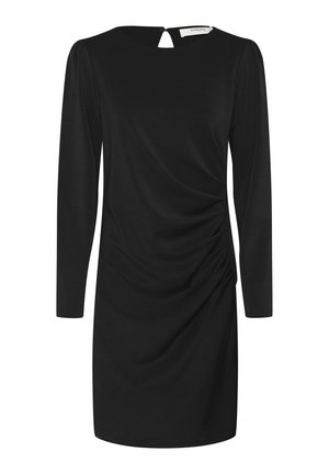 Abito nero in tessuto morbido con maniche lunghe, scollatura tonda e dettaglio drappeggiato sui fianchi con apertura a chiave sul retro.