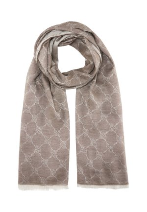 Beige scarf with a geometric pattern featuring circles, made of soft material with frayed edges. Lightweight and drapes elegantly.