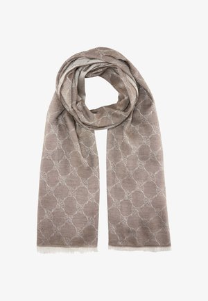 Beiger Schal mit geometrischem Muster, das aus Kreisen besteht, aus weichem Material mit ausgefransten Kanten. Leicht und fällt elegant.