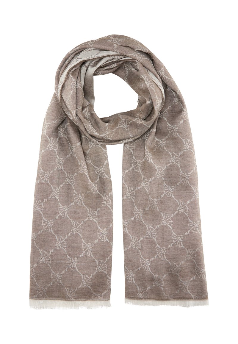Beżowy szalik z geometricznym wzorem przedstawiającym okręgi, wykonany z miękkiego materiału z postrzępionymi brzegami. Lekki i elegancko się układa.