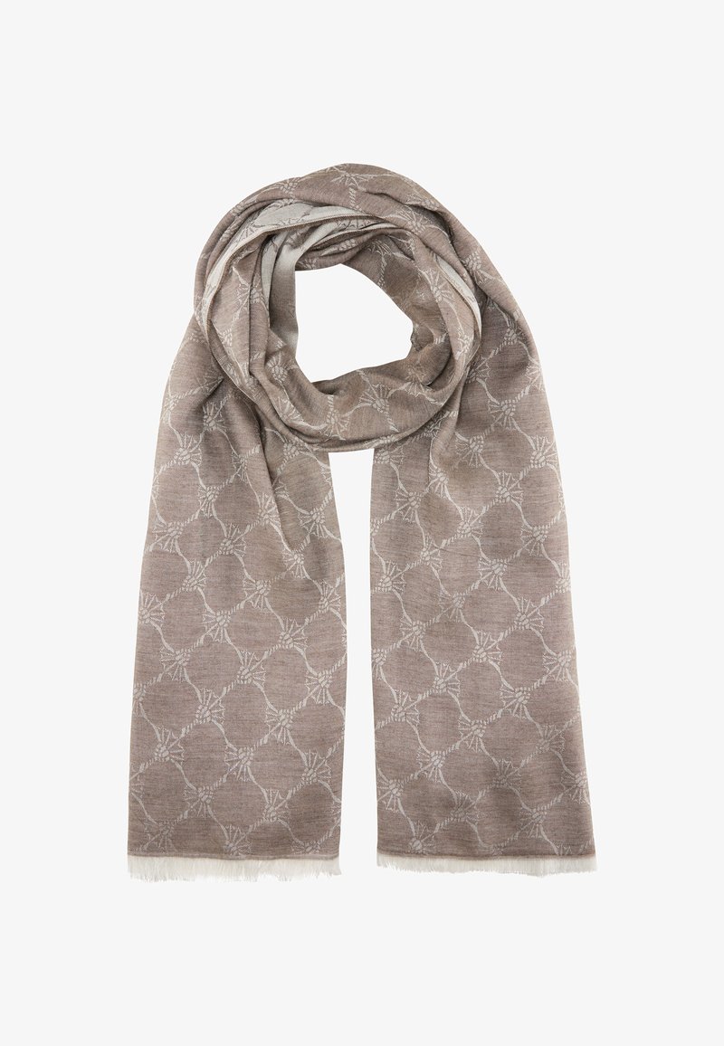 Beżowy szalik z geometricznym wzorem przedstawiającym okręgi, wykonany z miękkiego materiału z postrzępionymi brzegami. Lekki i elegancko się układa.