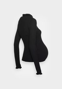 Camisola preta de manga longa com gola alta e frisada, com silhueta ajustada, apresentando punhos com flare e uma textura suave.