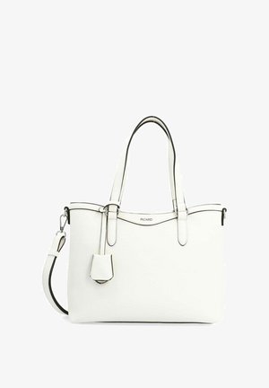 Borsa tote bianca realizzata in pelle sintetica con rifiniture nere. Manici superiori doppi e tracolla regolabile. Include una piccola pochette staccabile.