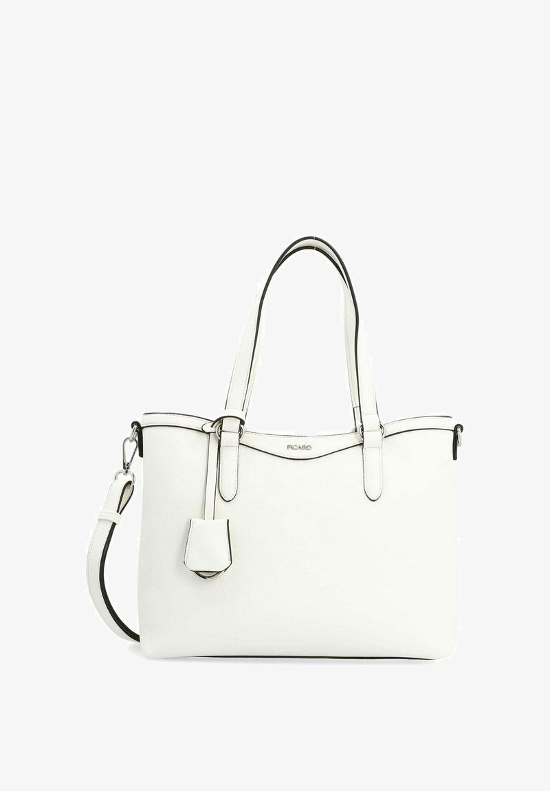Sac fourre-tout blanc en simili cuir avec des finitions noires. Deux poignées supérieures et une bandoulière ajustable. Comprend une petite pochette détachable.