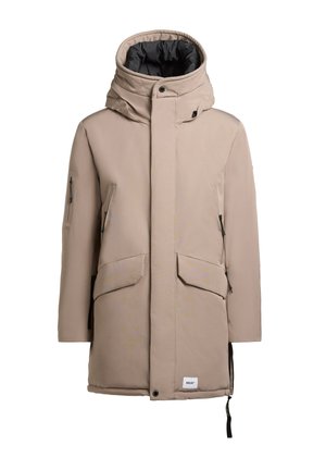 Beige színű, bélelt parkáj, magas gallérral és levehető kapucnival, két elülső zsebbel, oldalsó cipzárokkal és logóval a szegélyén.