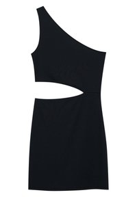 Svart miniklänning med en axel och horisontell utskärning i midjan framtill.