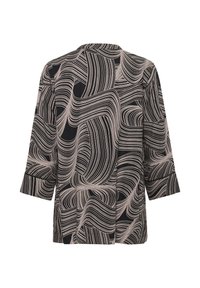 Schwarze und beige abstrakt gemusterte Bluse mit Dreiviertelärmeln, einem runden Halsausschnitt und einer lockeren Passform. Weicher Stoff mit fließendem Design.