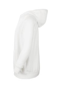Haut à capuche blanc avec une capuche spacieuse, des poignets côtelés et une poche avant, fabriqué en tissu doux et lisse avec une coupe décontractée.