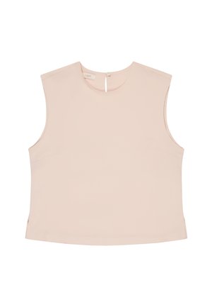 Mouwloze lichtbeige blouse met ronde hals en knoopsluiting aan de achterkant, gemaakt van glad, lichtgewicht stof.