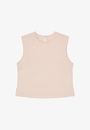 Blusa sin mangas de color beige claro con cuello redondo y cierre de botones en la parte trasera, confeccionada con tejido liso y ligero.