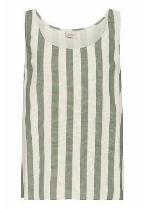 Tricou fără mâneci cu dungi în culorile verde și crem; realizat dintr-un material ușor, cu decolteu rotund și un design lejer.