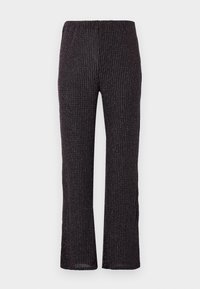 Black ribbed pants with an elastic waistband, featuring a straight leg cut and subtle iridescent flecks throughout the textured fabric.