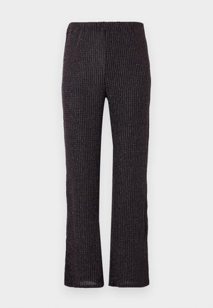 Sorte ribbede bukser med elastisk liv, med rett benklipp og subtile iriserende flekker gjennom det teksturerte stoffet.