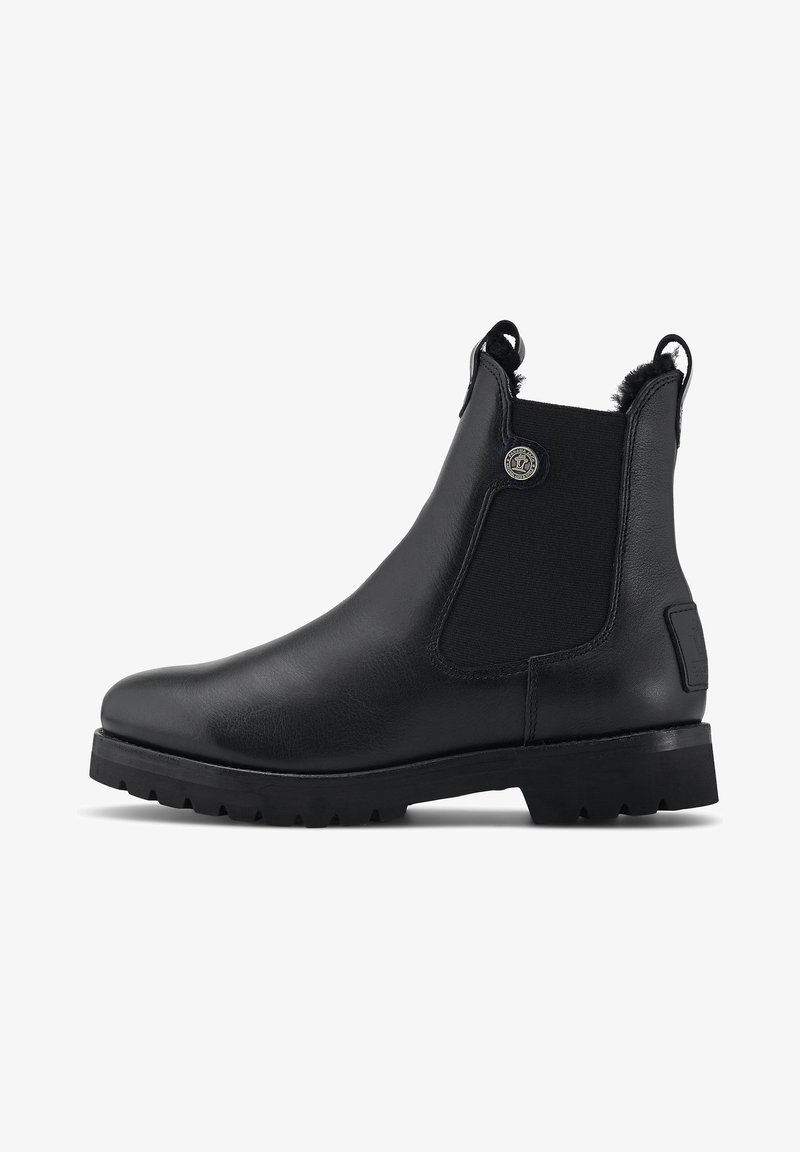 Bottine Chelsea en cuir noir avec panneaux latéraux élastiques, languettes de tirage, doublure en fausse fourrure, bout rond et semelle en caoutchouc crantée.