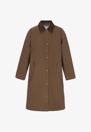 Cappotto lungo marrone con un collo in corduroy marrone scuro, bottoni a pressione e due tasche laterali; tessuto elegante e resistente con una texture liscia.