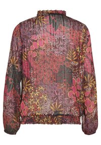 Blusa in poliestere trasparente con stampa botanica in vivaci tonalità di rosa, oro e verde, colletto arricciato e orlo elasticizzato.