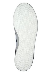 Suola di scarpa in gomma bianca con motivo a onda e scanalature, caratterizzata da una parte superiore nera con una striscia grigia e un logo di marca.