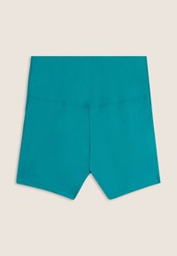 Pantalones de baño azul verdoso con una textura suave, que cuentan con una cintura alta y sin hardware o patrones visibles. Diseño simple y funcional.