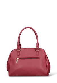 Borsa a mano in pelle rossa con forma strutturata, doppie maniglie superiori, tasca frontale con zip e superficie testurizzata. Dettagli in metallo color oro.