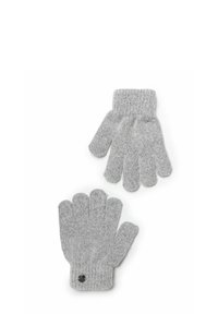 Gray knitted gloves featuring a ribbed design, five-finger construction, and a small decorative button accent on the cuff.