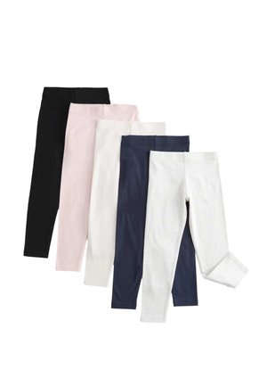 Five pairs of leggings in various colors: black, pink, white, navy, and light gray. Made of soft, stretchy material with an elastic waistband.