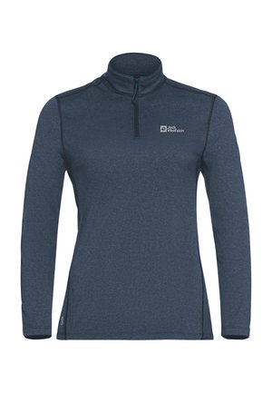 Pullover da uomo in blu scuro a maniche lunghe con zip alla quarti e logo Jack Wolfskin sul petto sinistro, realizzato in tessuto liscio e strutturato.